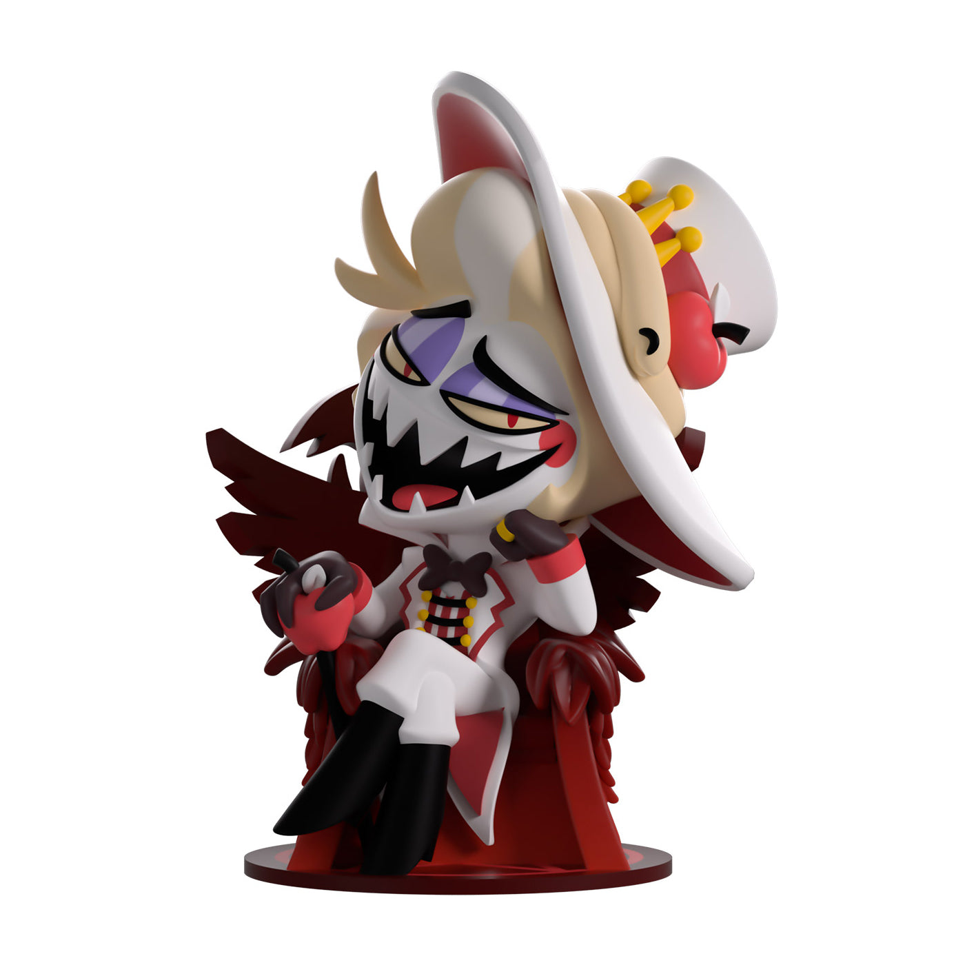 Animated character figurine with a white hat and red outfit on a white background