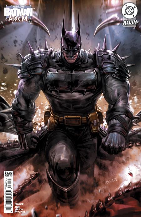 Comic book cover featuring a armored Batman with a dark background