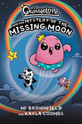 Book cover of 'Quinnglope and the Mystery of the Missing Moon' with cartoon characters and rainbow.