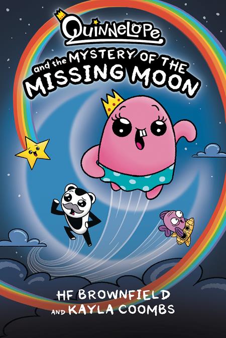 Book cover of 'Quinnglope and the Mystery of the Missing Moon' with cartoon characters and rainbow.