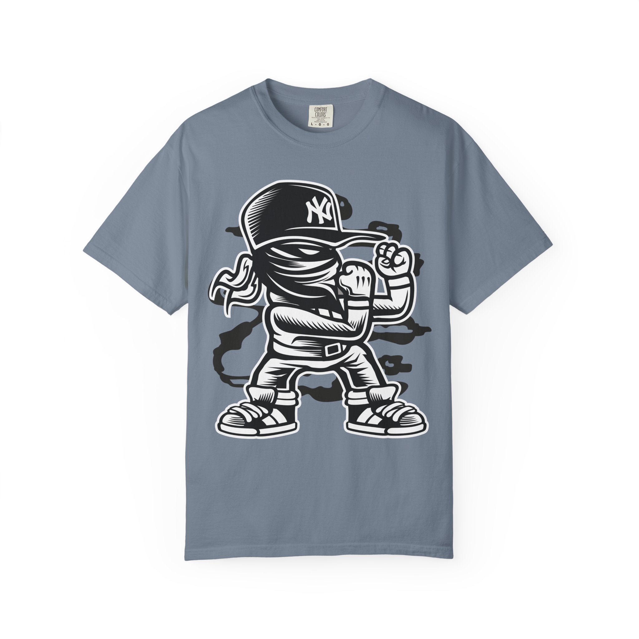 Graffiti Kid Character T-Shirt — Streetwear NY Baseball Cap Design