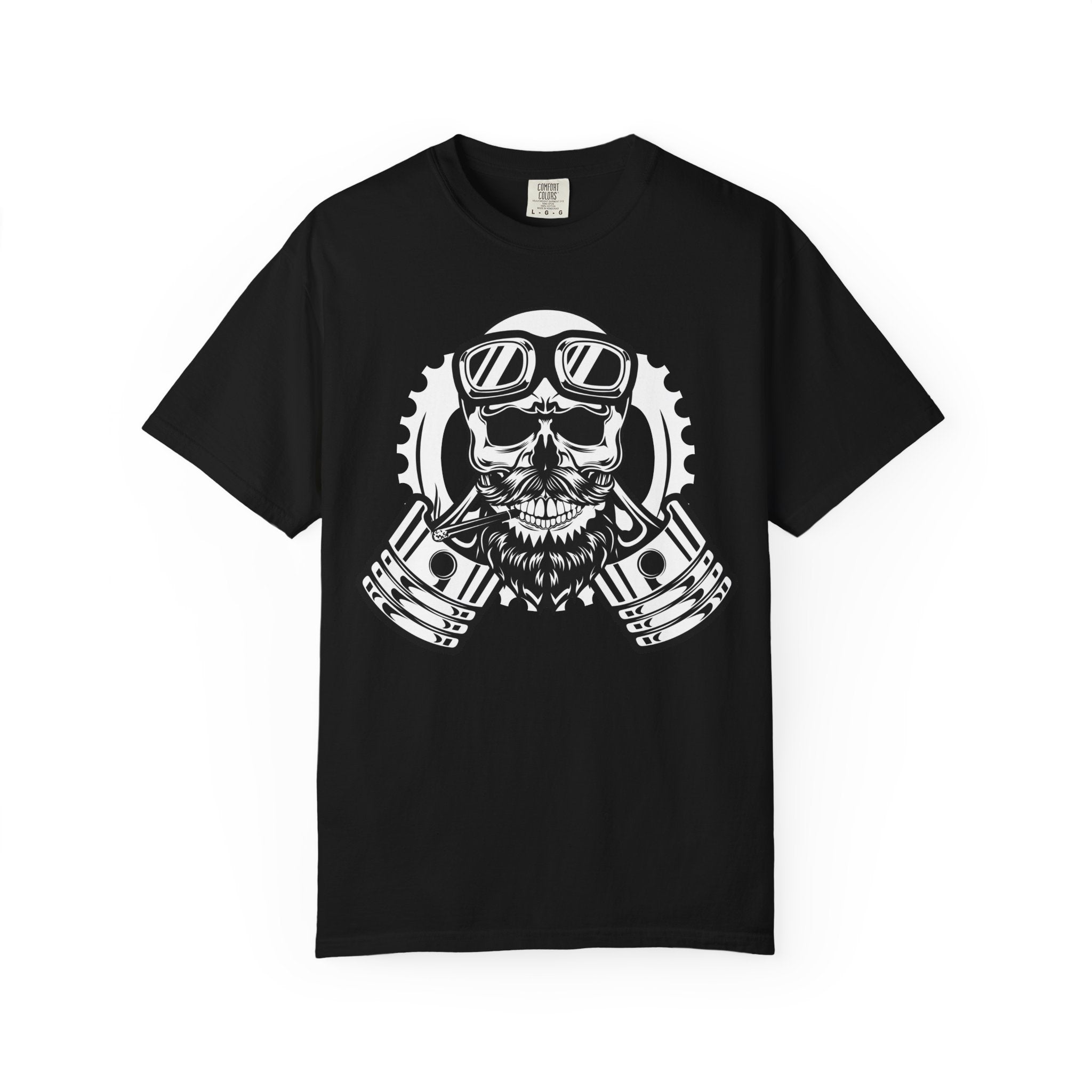 Biker Skull Tee – Vintage Motorcycle Goggles & Pistons Graphic T-Shirt