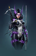Character in a futuristic outfit with purple and black accents, holding a weapon on a dark background