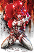 Illustration of a woman with red hair and balloons, wearing a revealing outfit with a dark background.
