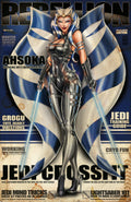 Magazine cover featuring a character in futuristic armor with a shield and lightsabers, titled 'Rebellion'.