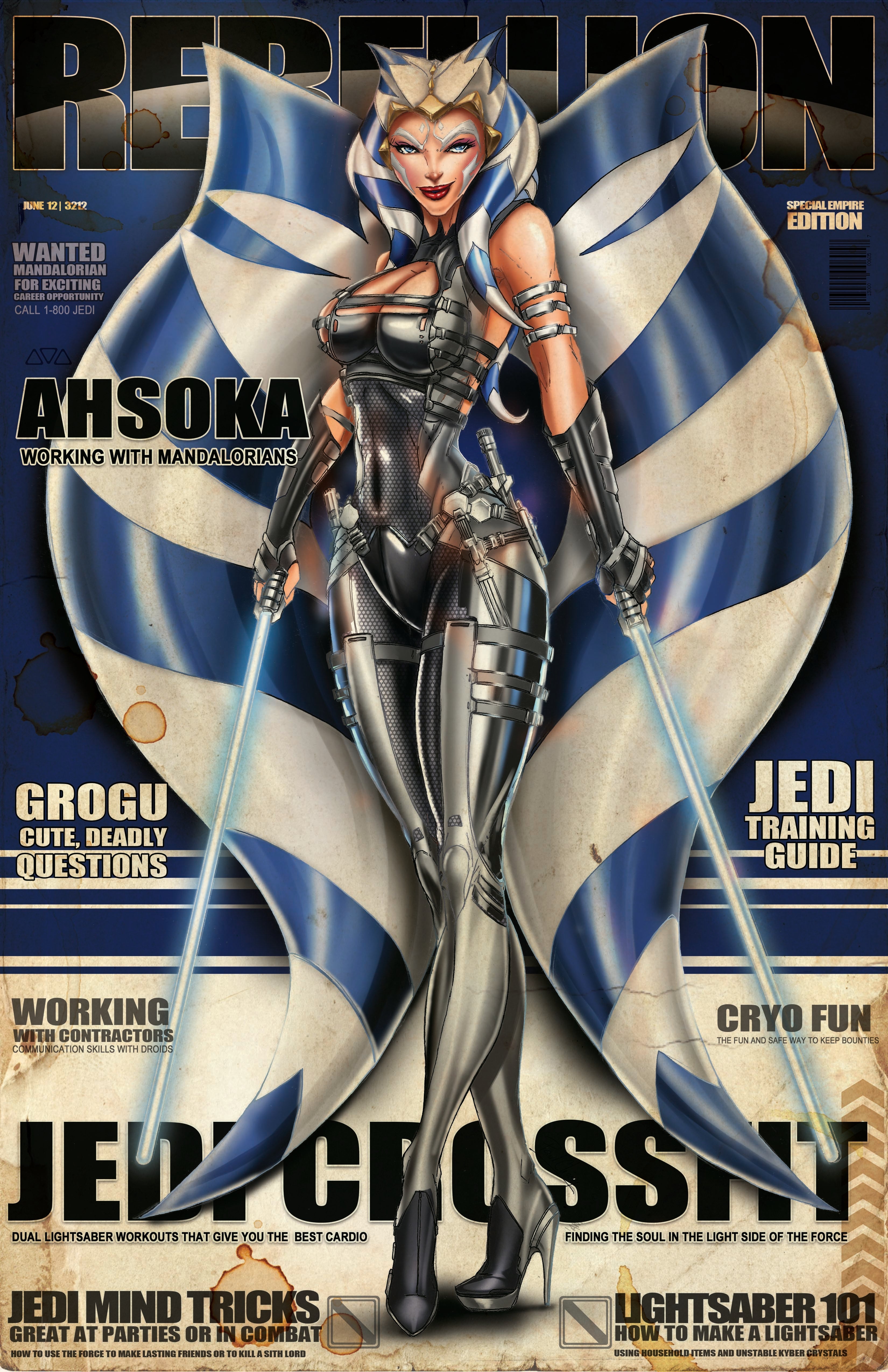 Magazine cover featuring a character in futuristic armor with a shield and lightsabers, titled 'Rebellion'.