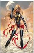 Superheroine in a black and gold costume with red accents standing on clouds.