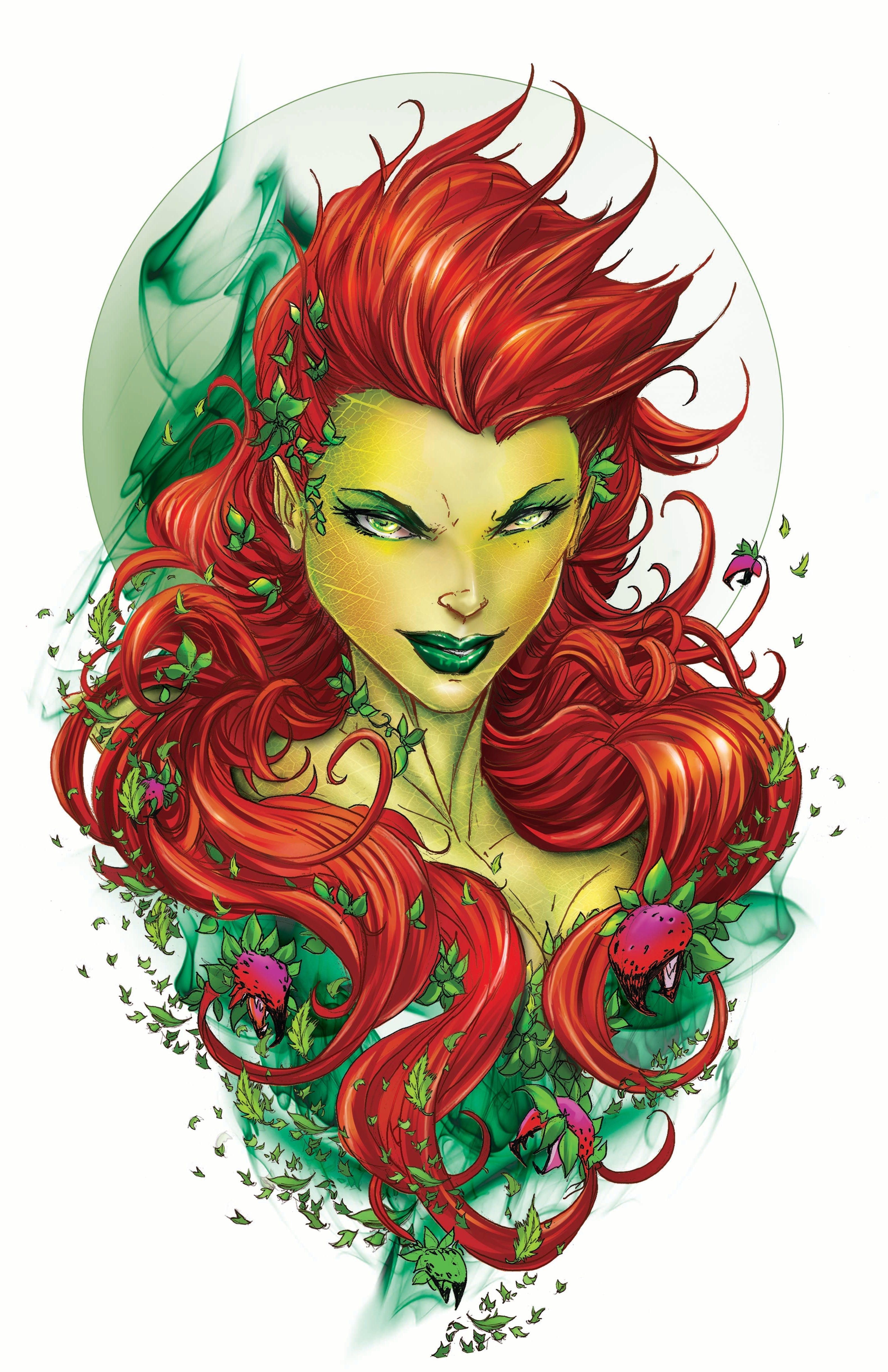 Illustration of a character with red hair and green accents on a white background