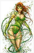 Artistic depiction of a character in a green costume with plant-like elements on a white background