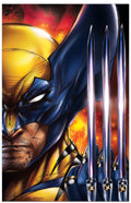 Comic book style illustration of a superhero with claws extended against a fiery background