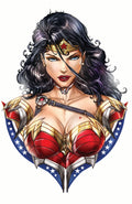 Illustration of Wonder Woman with a shield featuring stars and stripes on a white background