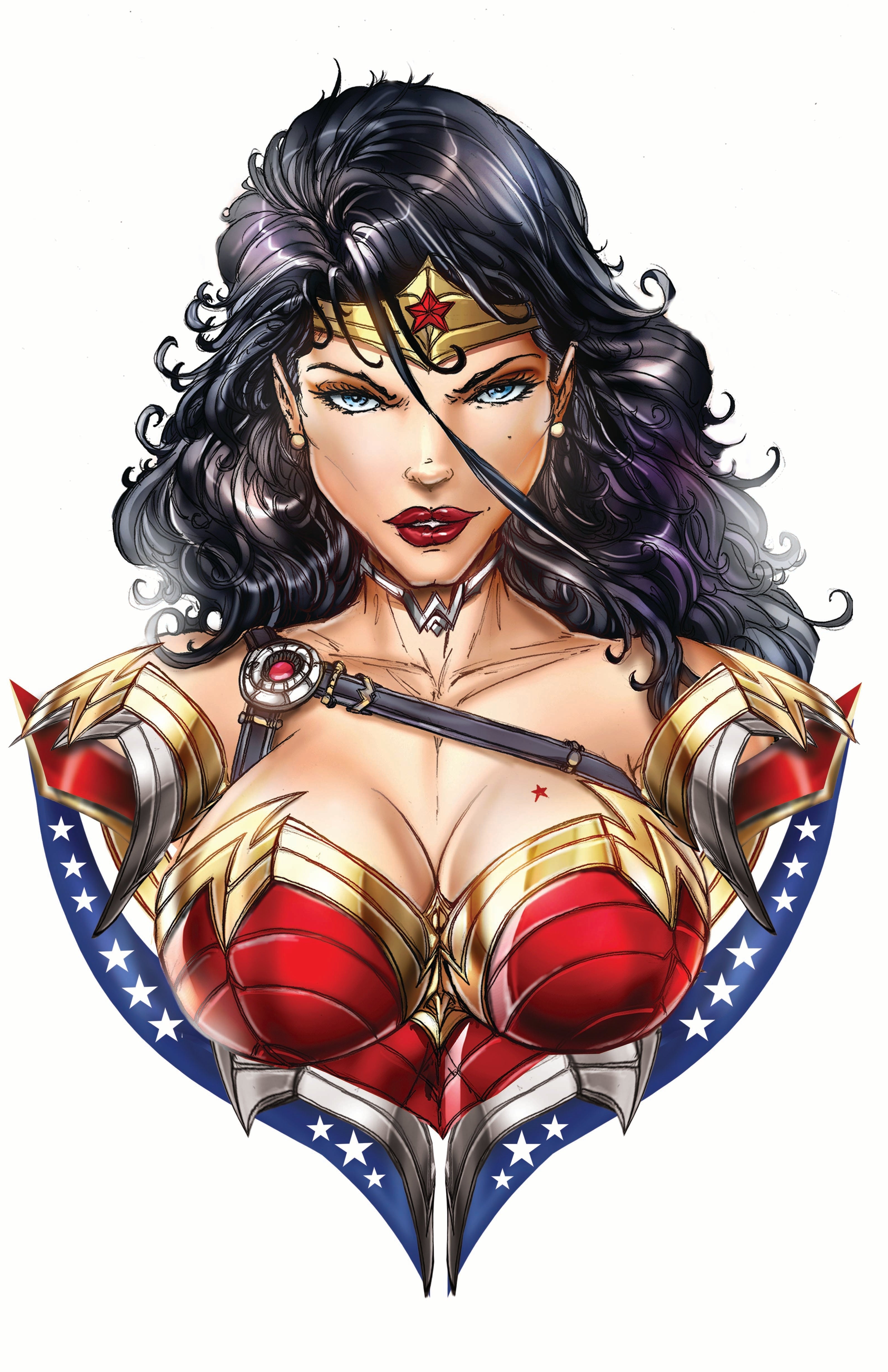 Illustration of Wonder Woman with a shield featuring stars and stripes on a white background