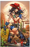 Illustration of a woman in a cowboy outfit with a desert landscape background