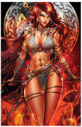 Comic book-style illustration of a warrior woman with fiery background