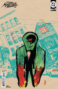 Comic book cover with a stylized character holding a suit, set against a cityscape background.