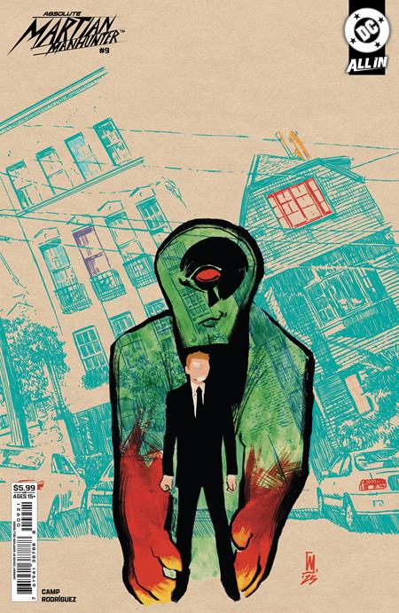 Comic book cover with a stylized character holding a suit, set against a cityscape background.