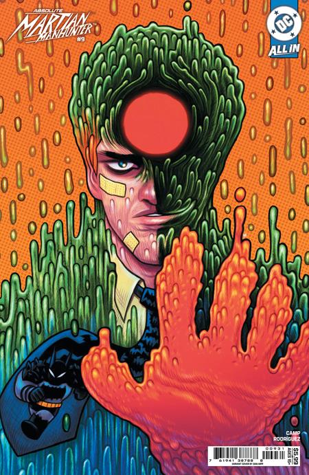 Comic book cover featuring a character with green goo on their head and orange hand, with a DC Comics logo.