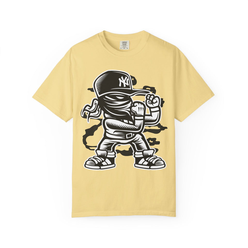 Graffiti Kid Character T-Shirt — Streetwear NY Baseball Cap Design