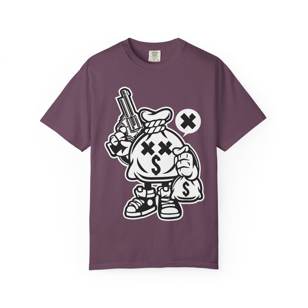 Money Bag Mascot Graphic T‑Shirt — Streetwear Cartoon Cash With Gun Design