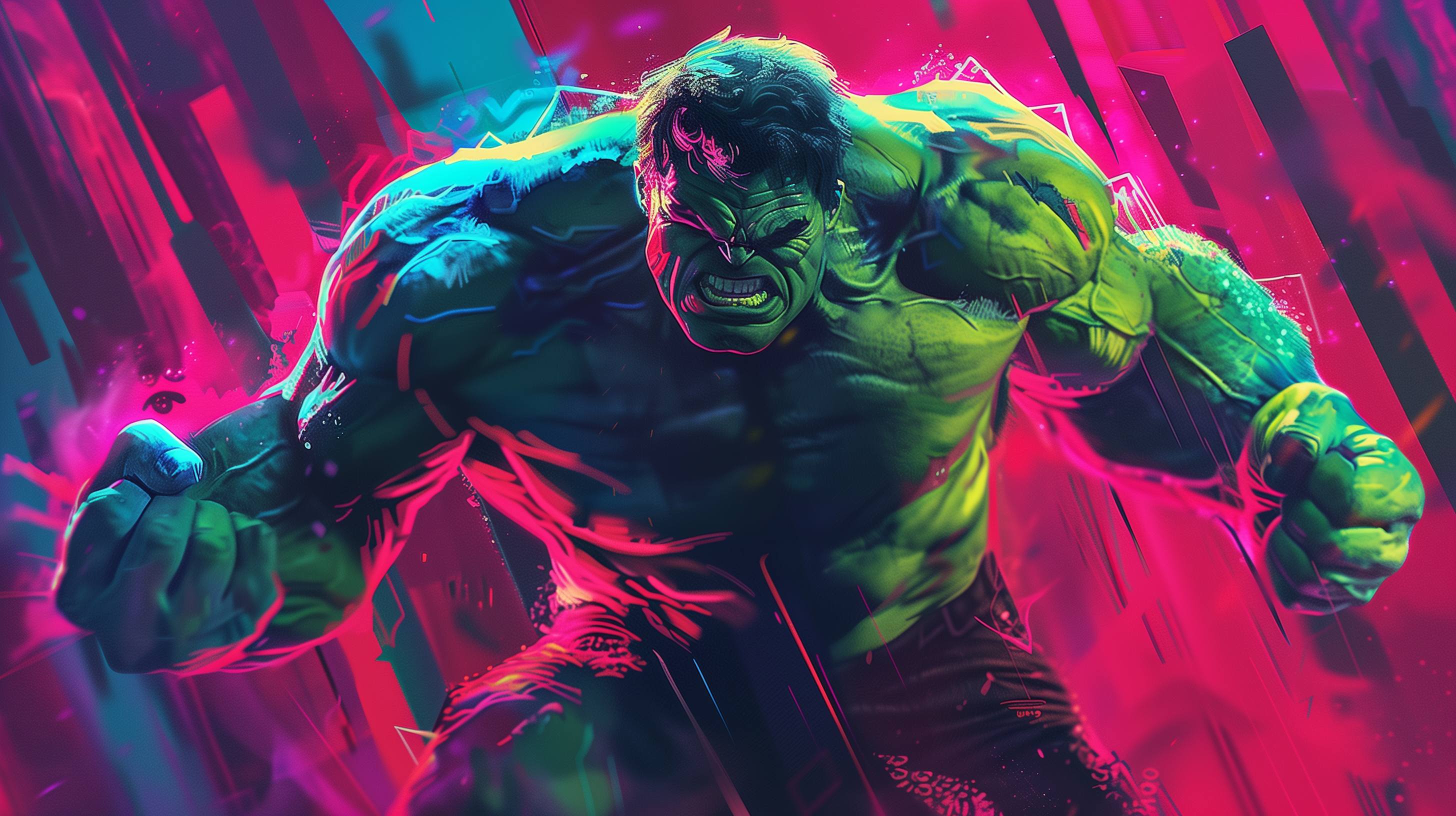 Green superhero in a dynamic pose with vibrant red and blue background