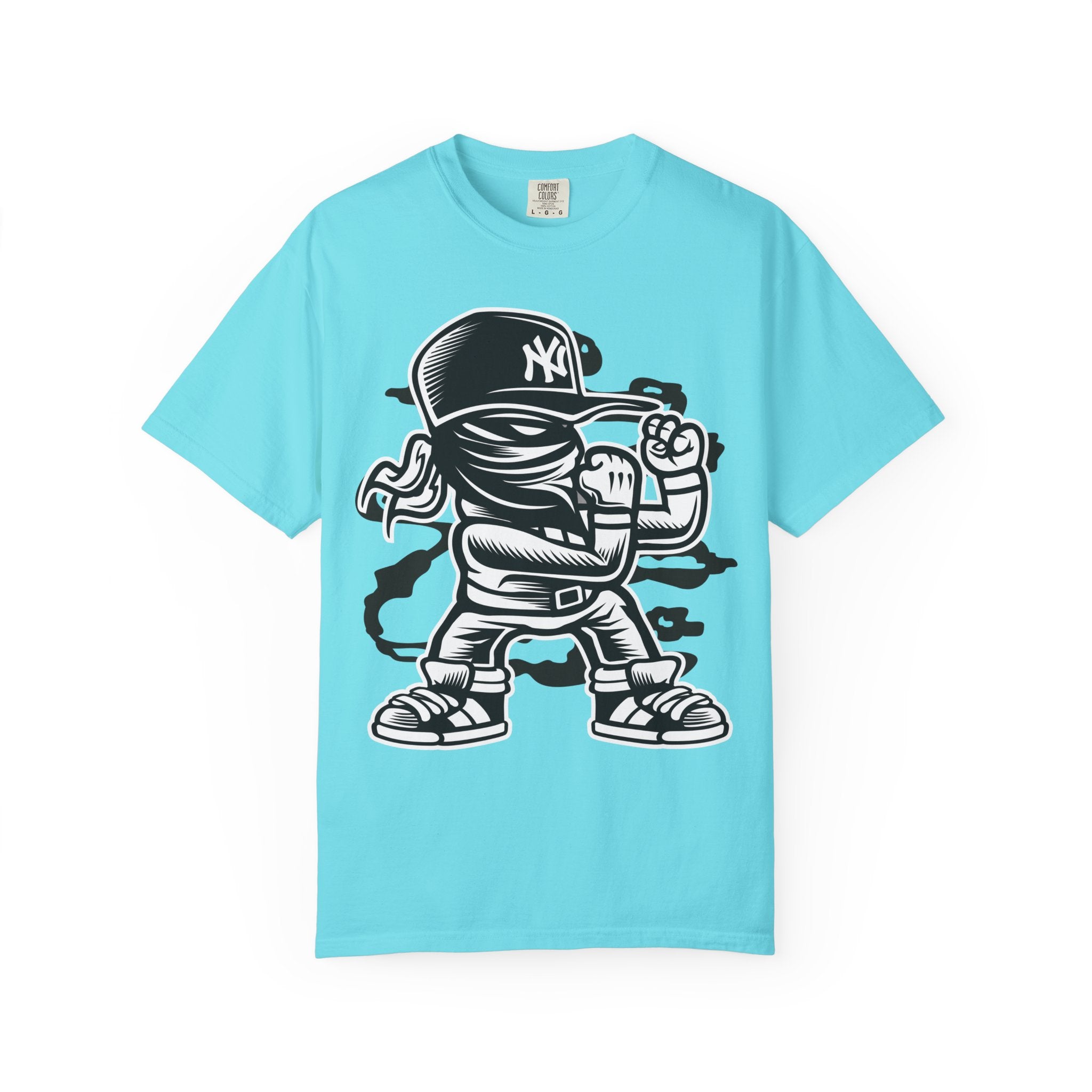 Graffiti Kid Character T-Shirt — Streetwear NY Baseball Cap Design