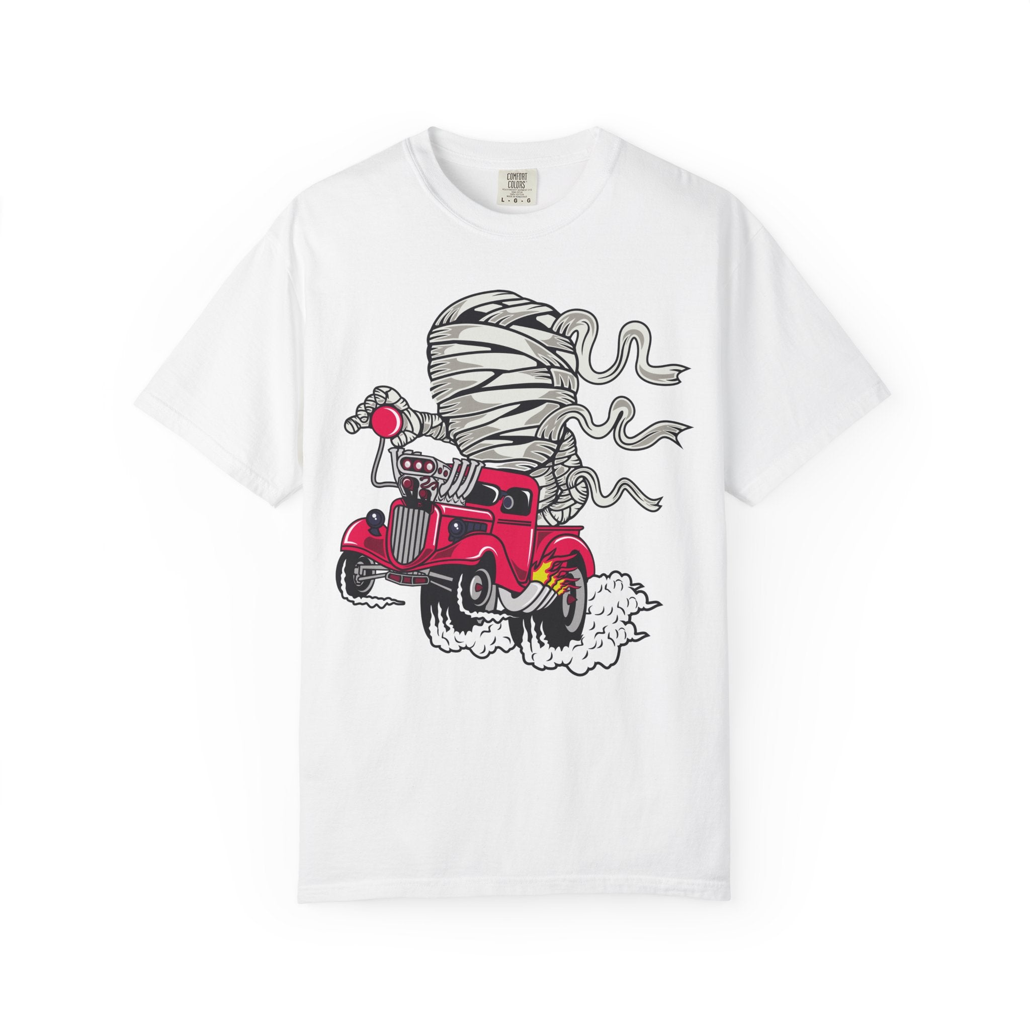Vintage Hot Rod T-Shirt — Red Rat Rod Cartoon with Tornado Smoke