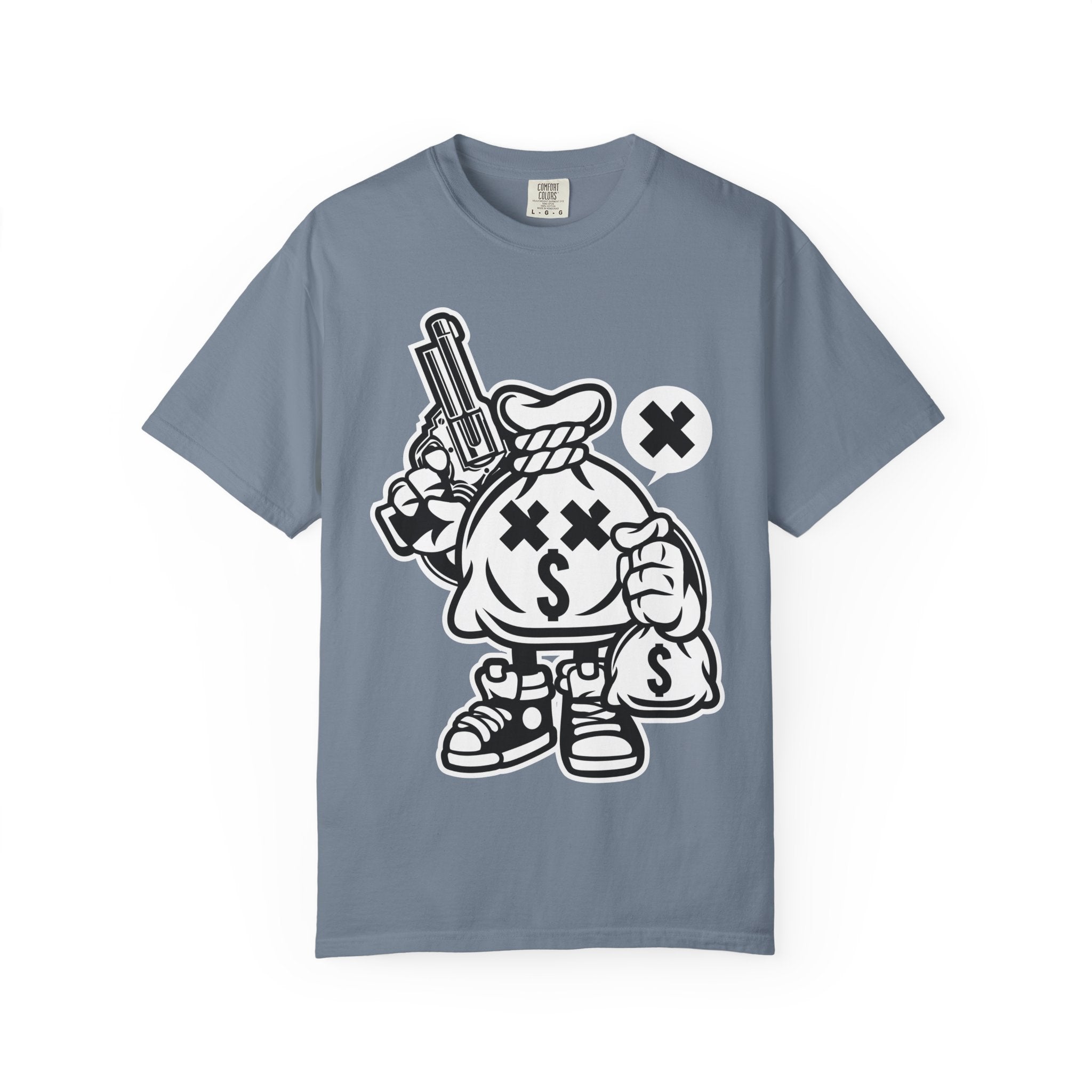 Money Bag Mascot Graphic T‑Shirt — Streetwear Cartoon Cash With Gun Design