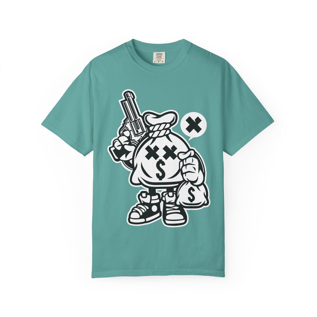 Money Bag Mascot Graphic T‑Shirt — Streetwear Cartoon Cash With Gun Design
