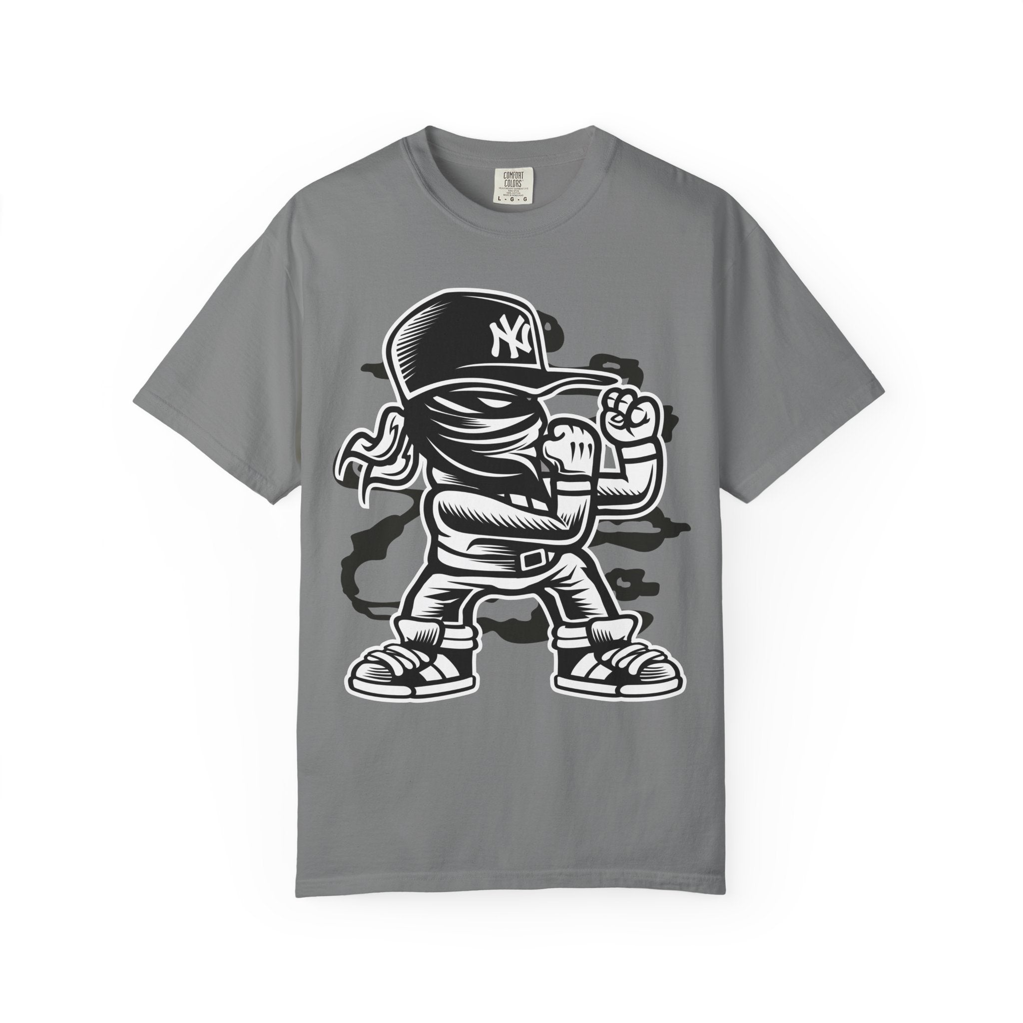 Graffiti Kid Character T-Shirt — Streetwear NY Baseball Cap Design