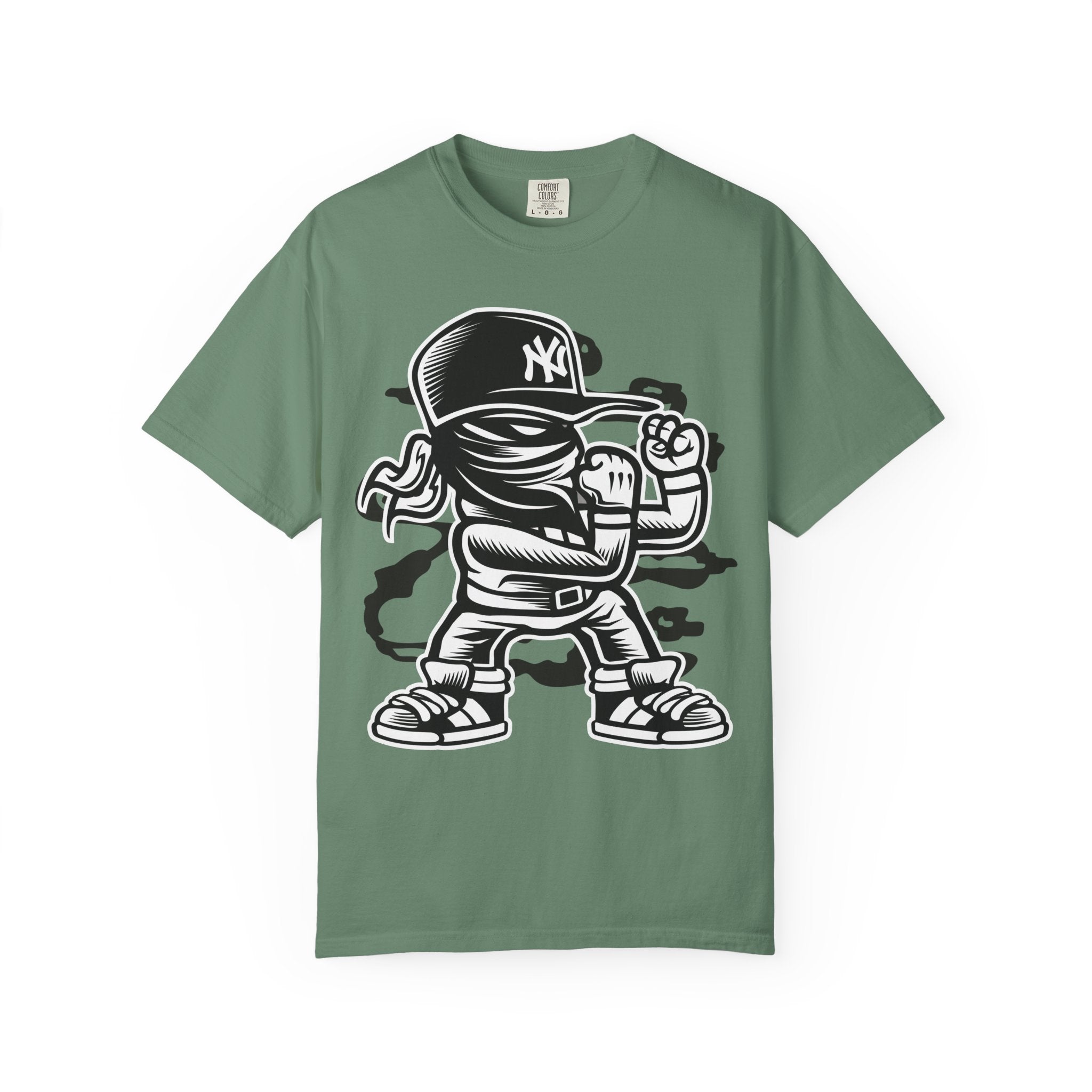 Graffiti Kid Character T-Shirt — Streetwear NY Baseball Cap Design