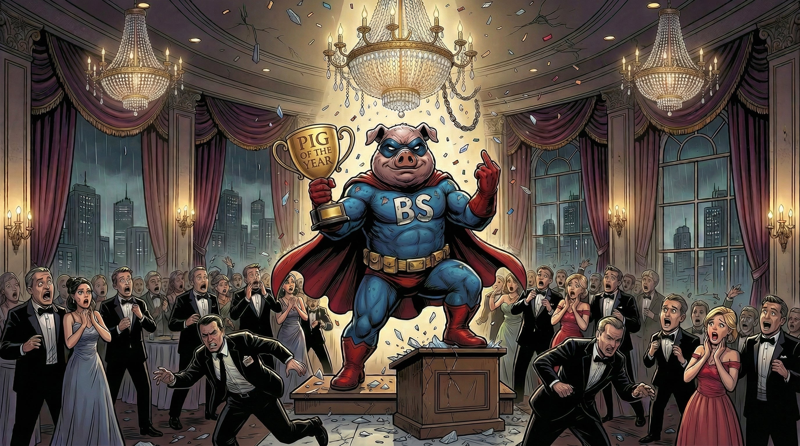 Superhero pig character with 'BS' on a podium in a formal event setting