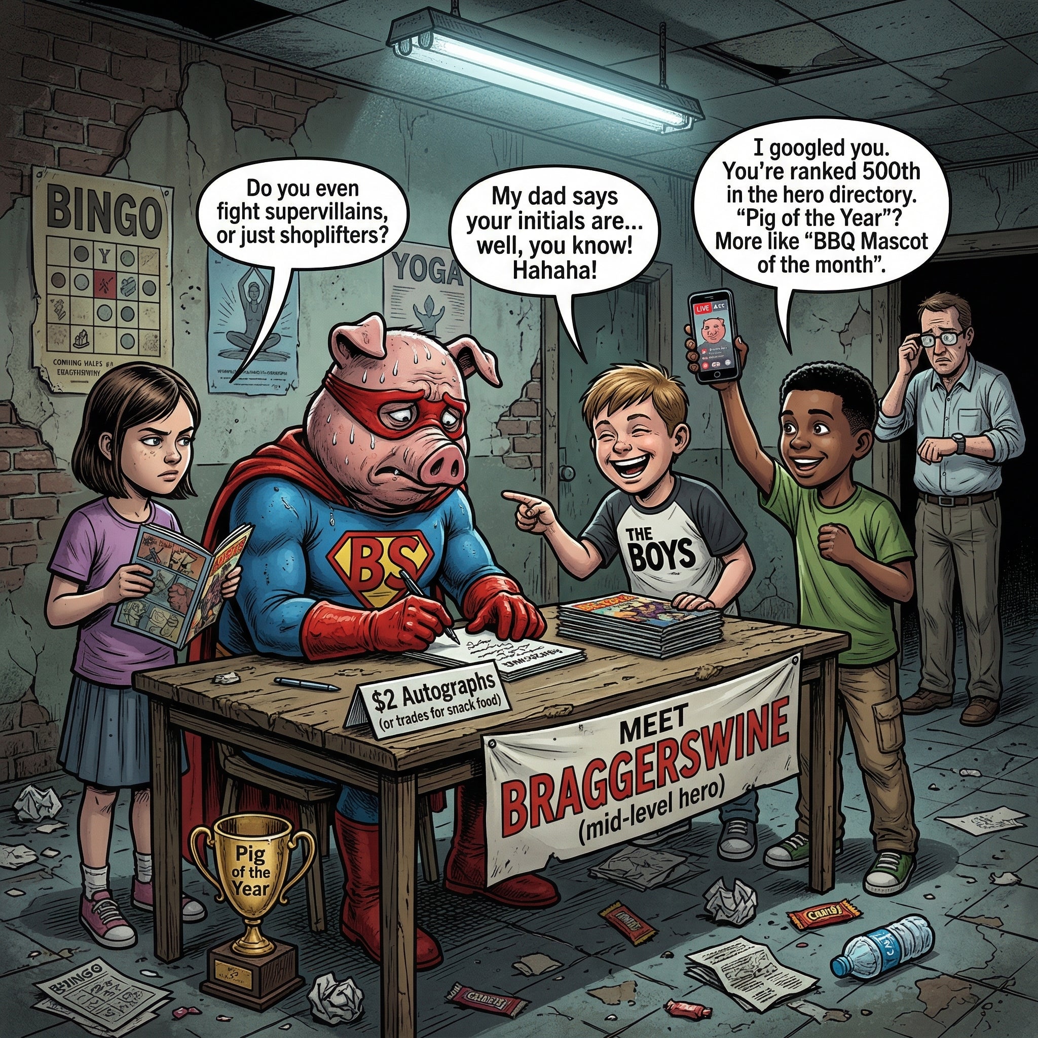 Cartoon pig in superhero costume interacting with children in a room.