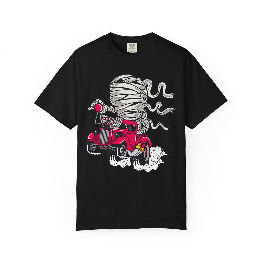 Vintage Hot Rod T-Shirt — Red Rat Rod Cartoon with Tornado Smoke