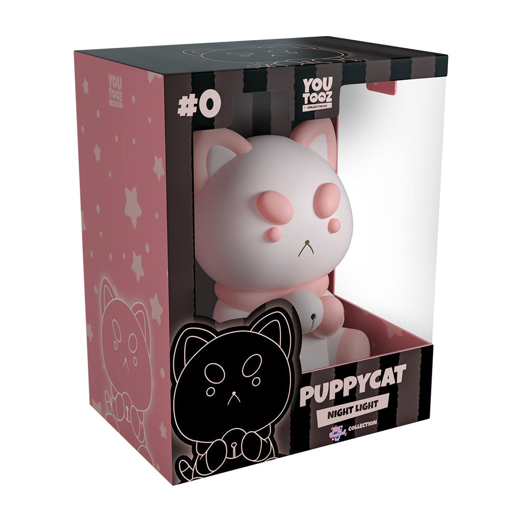 Puppycat night light in packaging with pink and black design