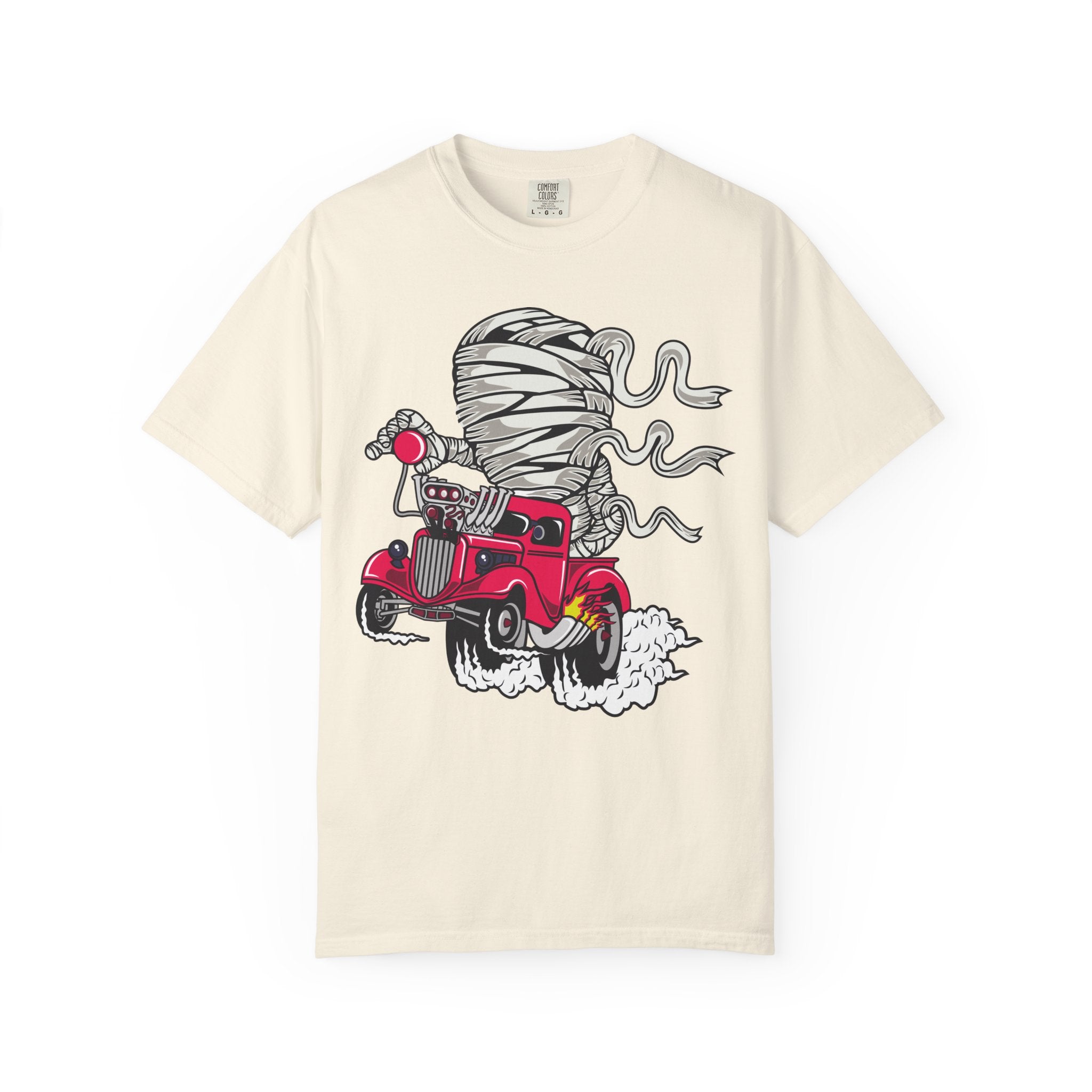 Vintage Hot Rod T-Shirt — Red Rat Rod Cartoon with Tornado Smoke