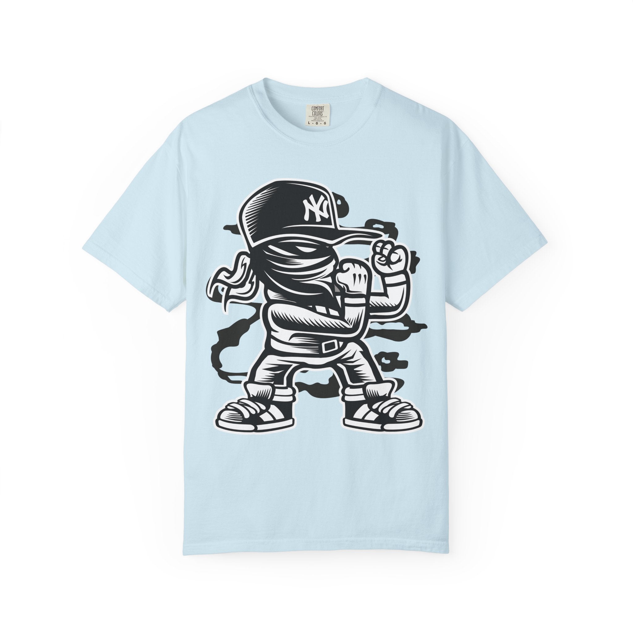 Graffiti Kid Character T-Shirt — Streetwear NY Baseball Cap Design