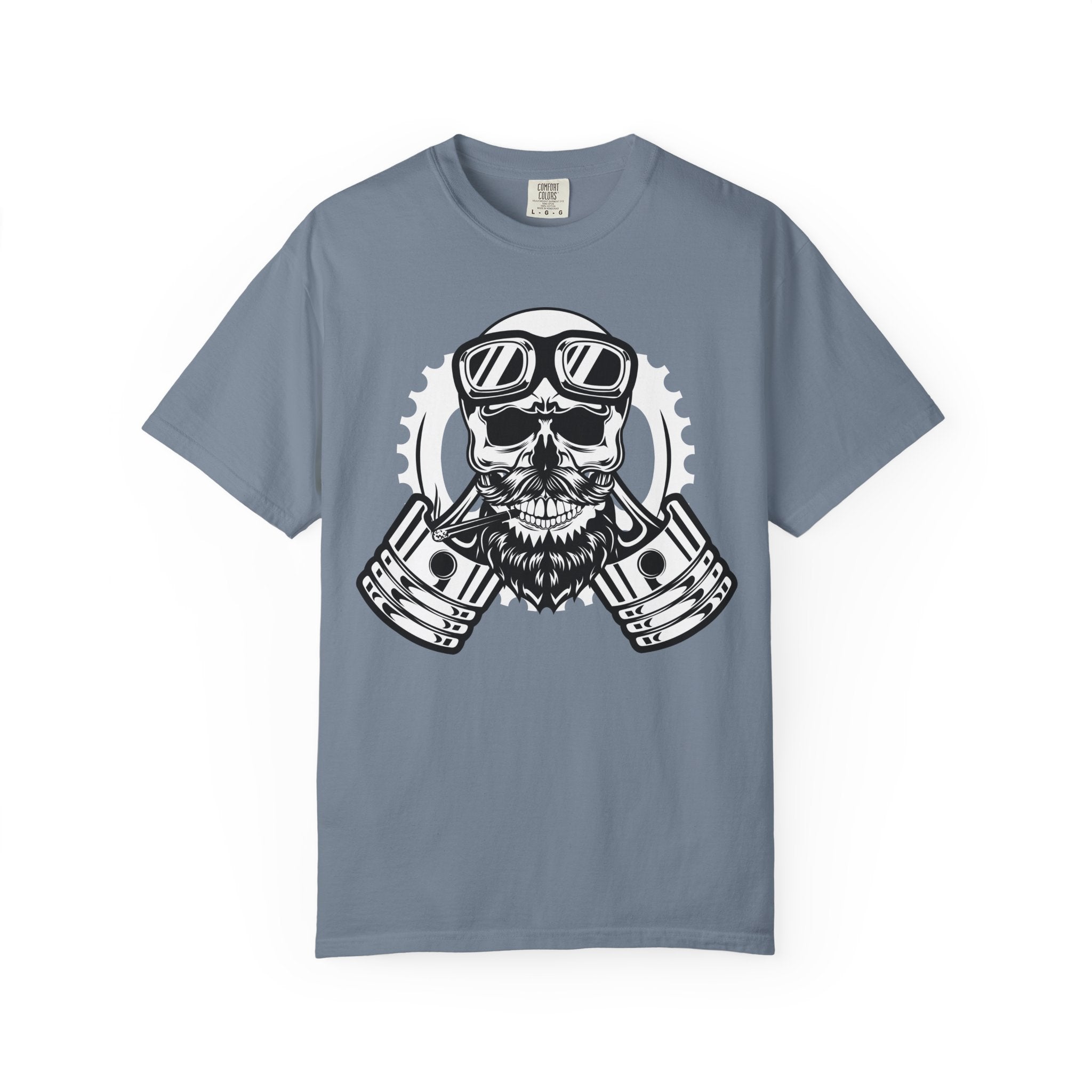 Biker Skull Tee – Vintage Motorcycle Goggles & Pistons Graphic T-Shirt