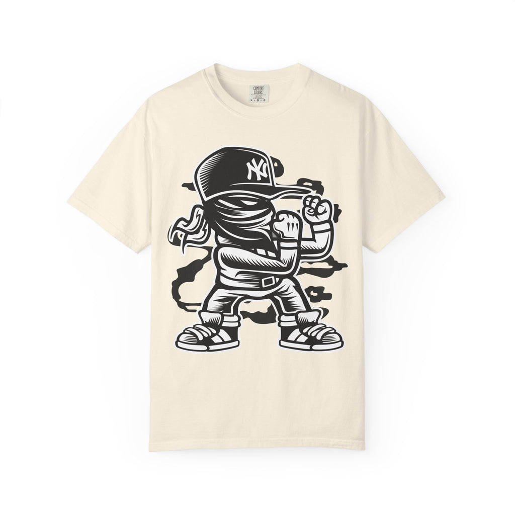 Graffiti Kid Character T-Shirt — Streetwear NY Baseball Cap Design