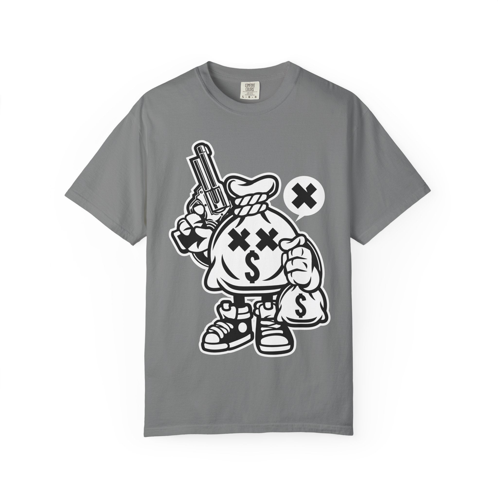Money Bag Mascot Graphic T‑Shirt — Streetwear Cartoon Cash With Gun Design