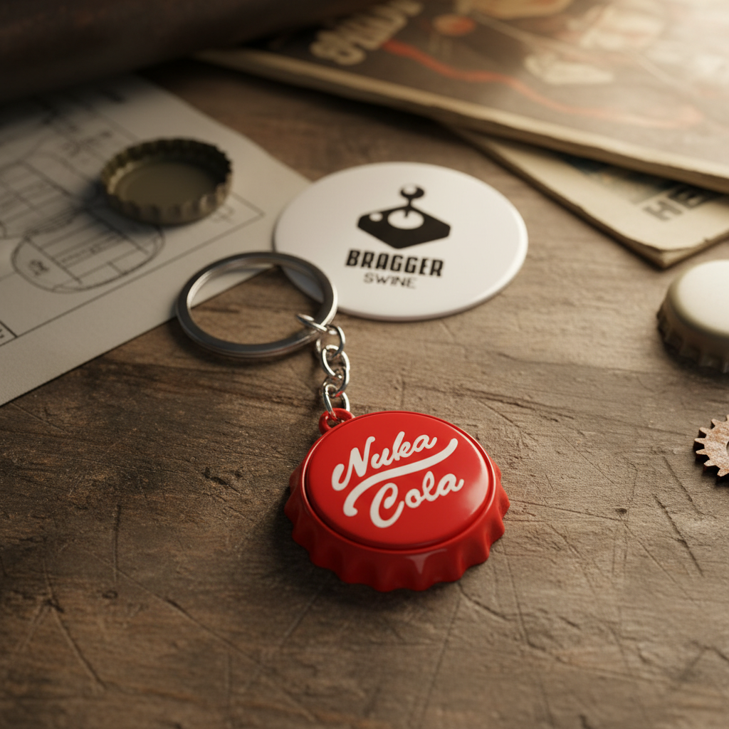 Fallout Nuka Cola Bottle Cap Key Chain with Red & White Bottle Opener