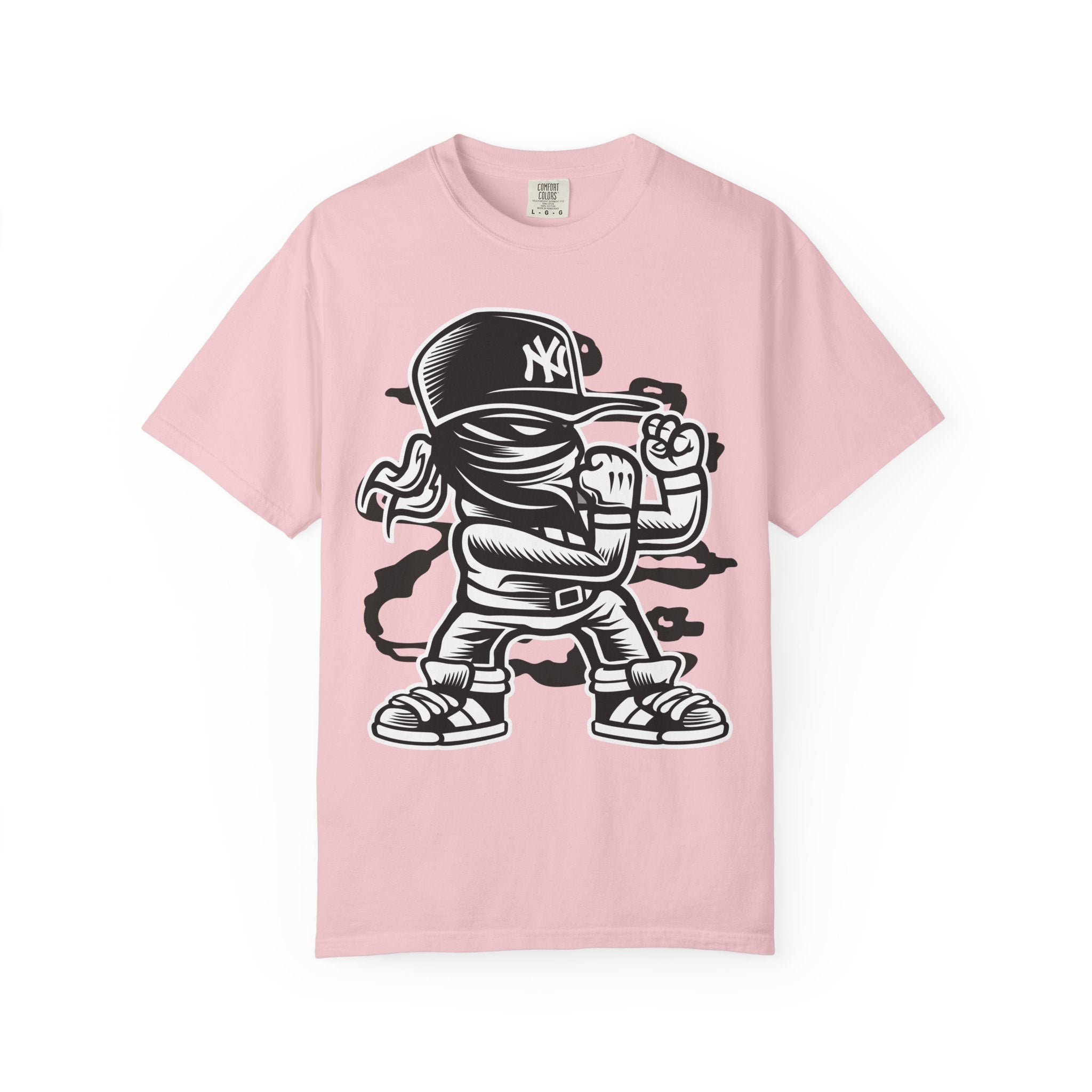 Graffiti Kid Character T-Shirt — Streetwear NY Baseball Cap Design