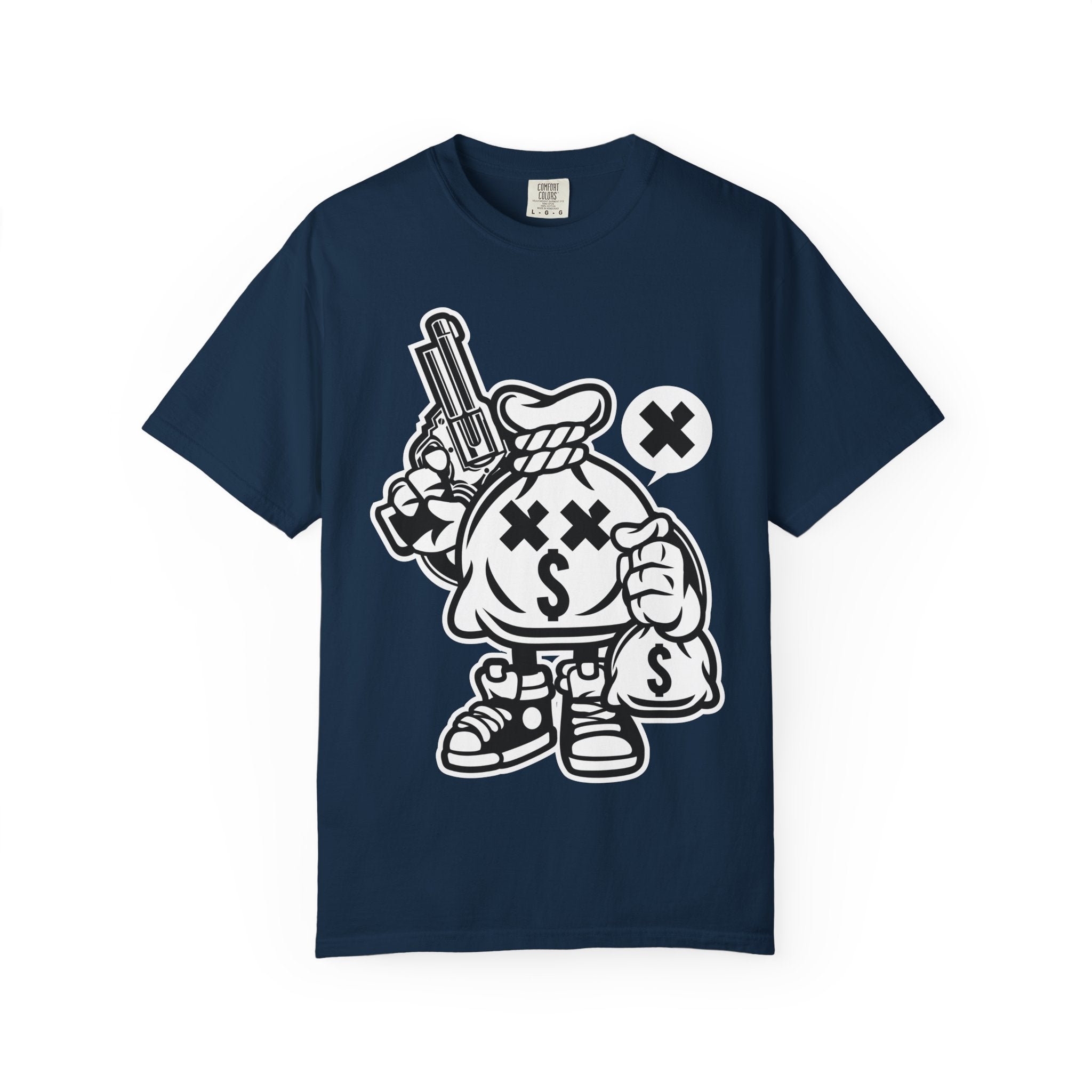 Money Bag Mascot Graphic T‑Shirt — Streetwear Cartoon Cash With Gun Design