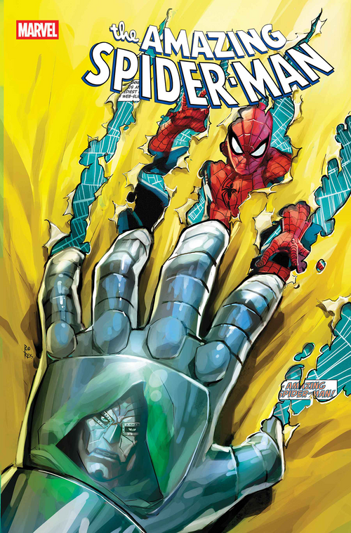 Comic book cover of 'The Amazing Spider-Man' with Spider-Man climbing a metallic hand against a yellow background.