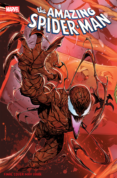 Comic book cover featuring Spider-Man with Venom symbiote, Marvel logo visible