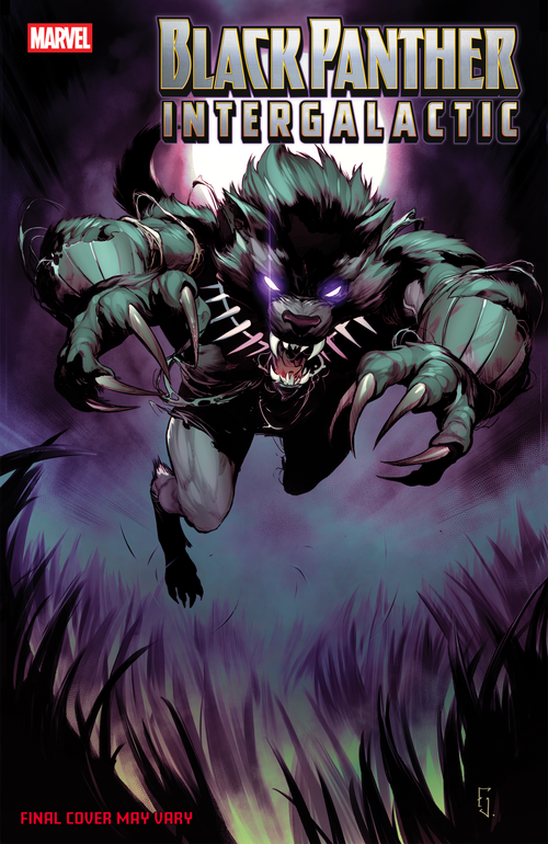 Comic book cover featuring a character from 'Black Panther Intergalactic' with a dark purple background.
