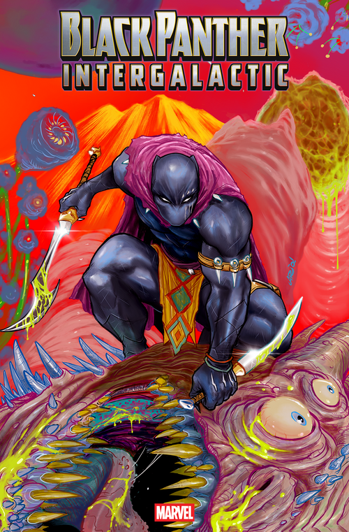 Comic book cover featuring Black Panther in a dynamic pose with vibrant colors and Marvel logo.