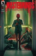 Comic book cover featuring a character in a suit with a red emblem, surrounded by bodies in a room with green lighting.