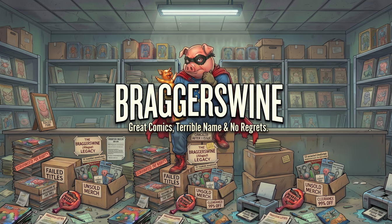 Cartoon pig in superhero costume standing in a comic book store with 'Braggerswine' branding.