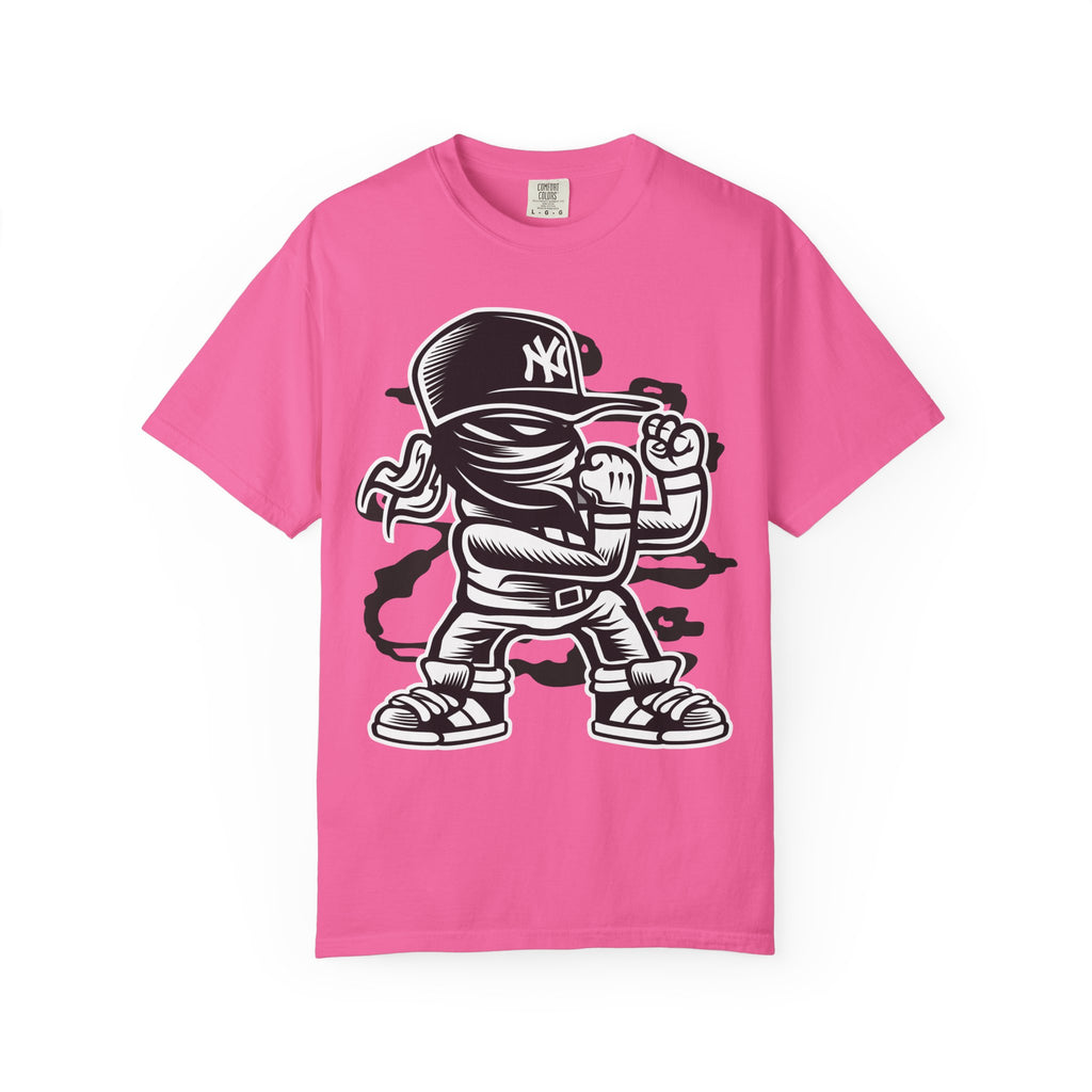 Graffiti Kid Character T-Shirt — Streetwear NY Baseball Cap Design