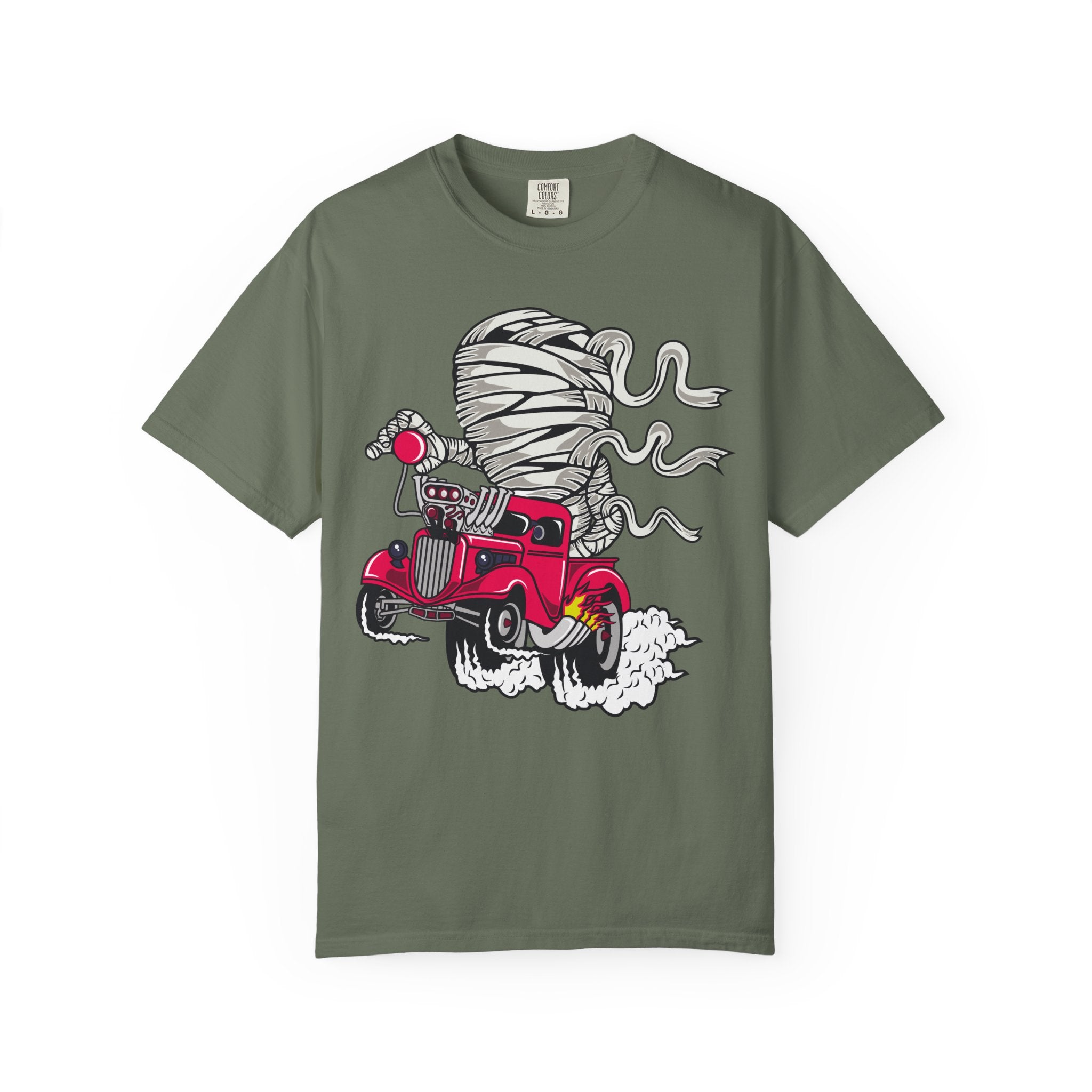 Vintage Hot Rod T-Shirt — Red Rat Rod Cartoon with Tornado Smoke